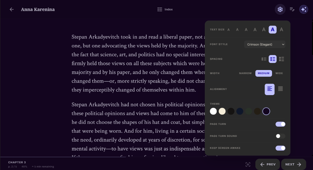 Reading dashboard with streaks and progress